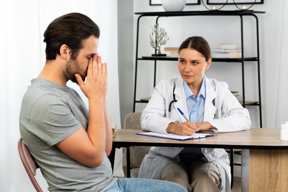 Hombre deprimido habla con médica